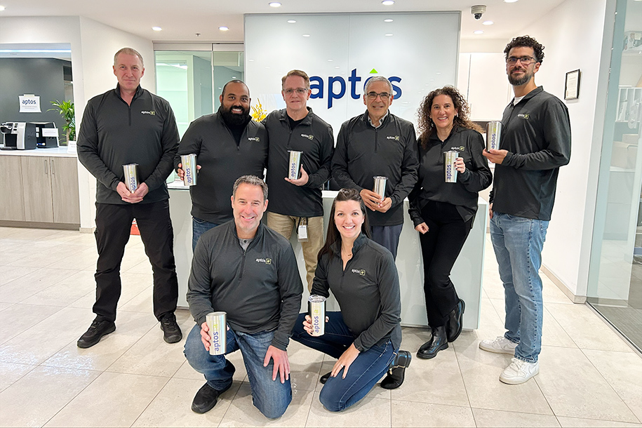 Aptos colleagues celebrating their A2 Certification. Back L-R: John Miller-Thomson, Nitin Patel, Richard Healy, Kim Bittar, Melanie Atcovitch, Bilal Kozak. Front L-R: Robert Desrosiers, Kelly Matthews