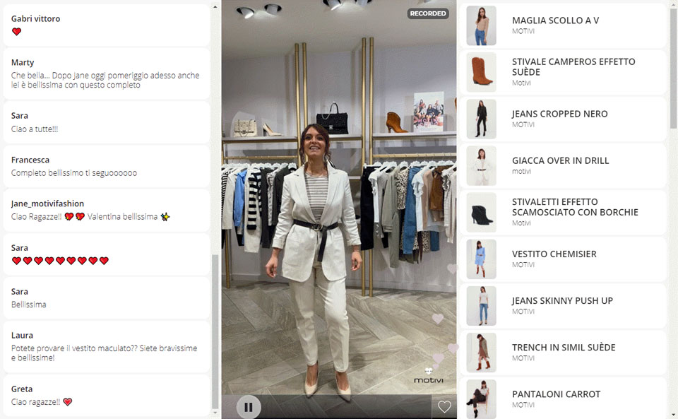 A Motivi sales associate showcases a new collection during a recent livestream.